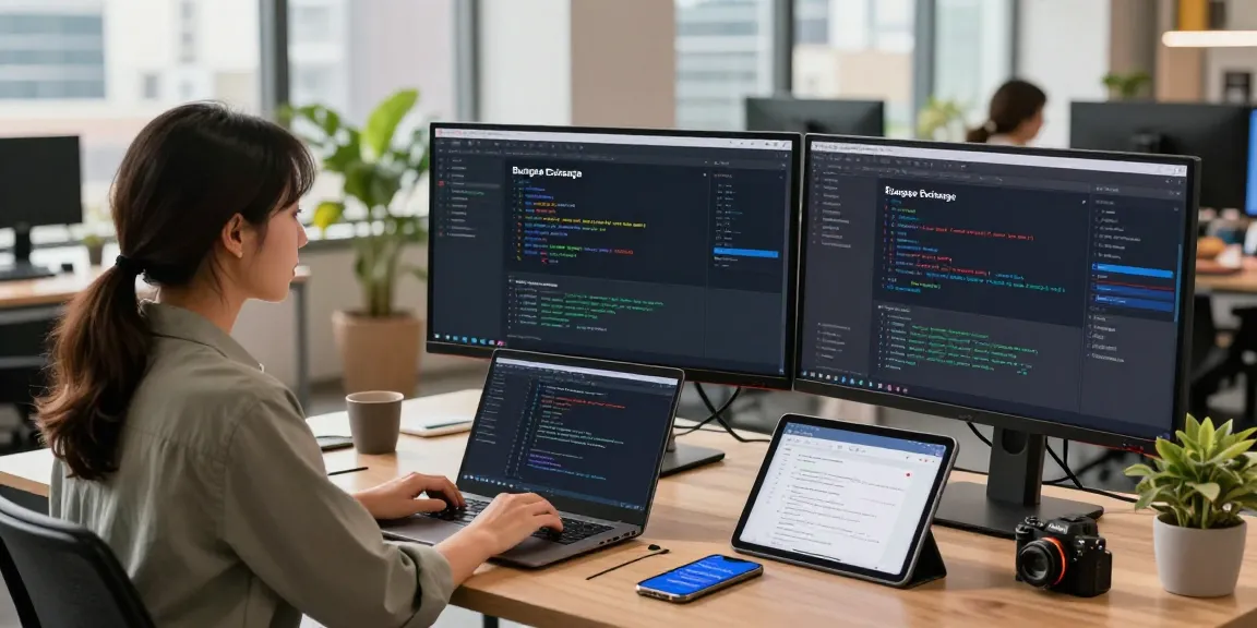 Dynamic workspace with software developer using bungeeexchange for cross-chain swaps in a modern office