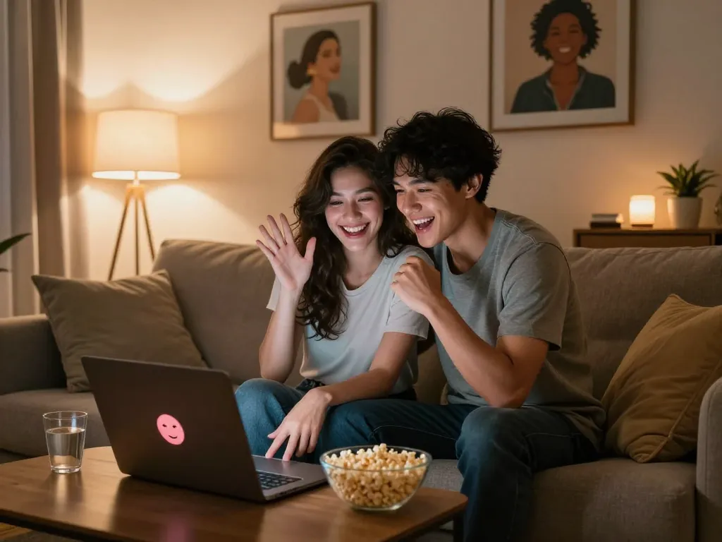 Couple enjoying ai sex chat in a cozy home setting, engaging with animated avatars.