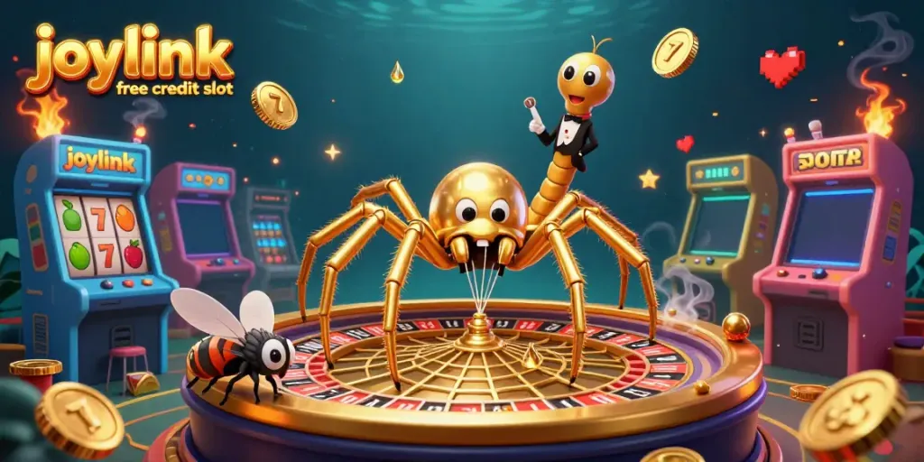 Experience the thrill of joylink free credit slot with a dynamic 3D illustration showcasing a golden spider and centipede croupier.