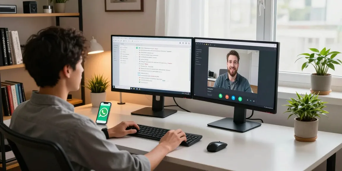 Using WhatsApp電腦版 in a cozy home office with dual monitors, smartphone, and modern desk setup.