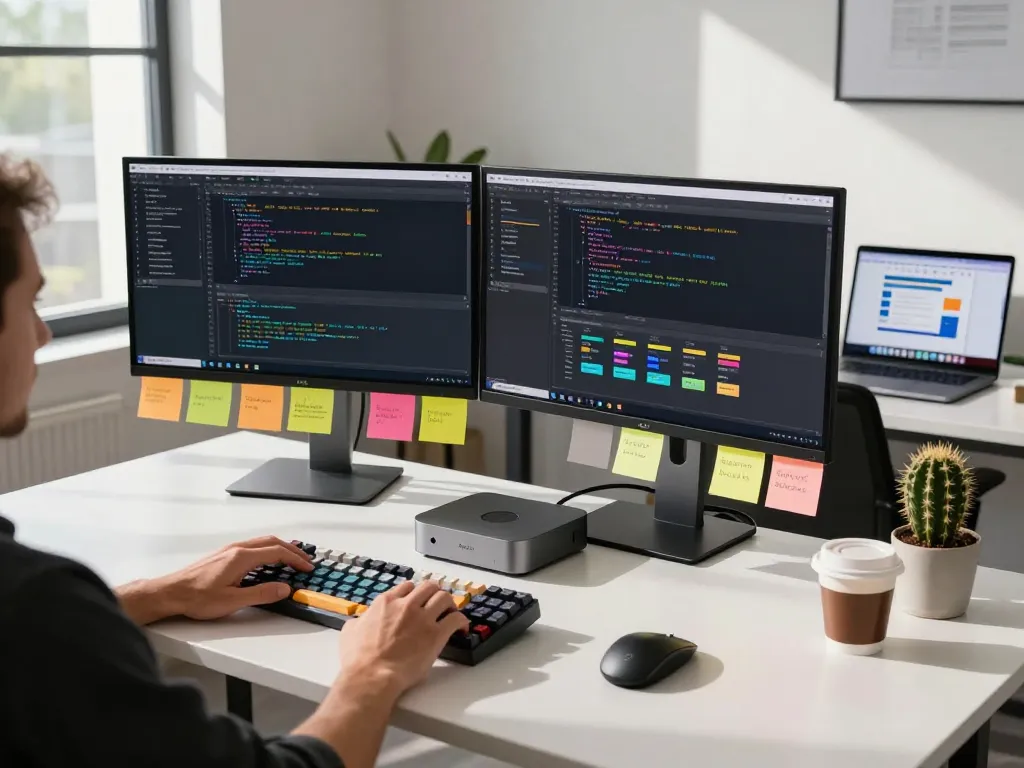 Developer coding with mac mini in a modern workspace, showcasing an inspiring tech environment.