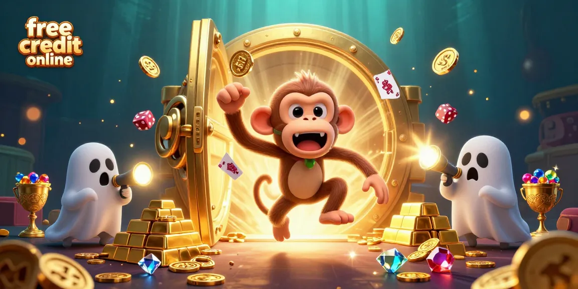 Discover exciting free credit online offers in a vibrant, immersive casino scene with treasures galore.