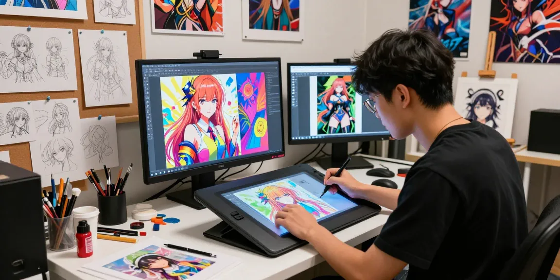 Creating AI ecchi character artworks in a modern studio environment with vibrant illustrations and artistic tools.