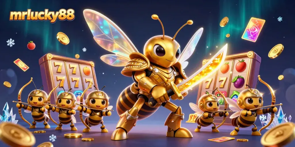 Engage with vibrant mrlucky88 slot games through this dynamic 3D casino illustration featuring a golden hornet.