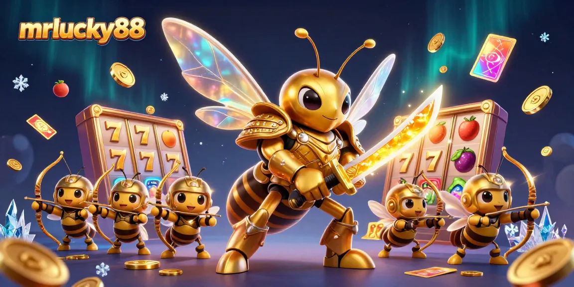 Engage with vibrant mrlucky88 slot games through this dynamic 3D casino illustration featuring a golden hornet.