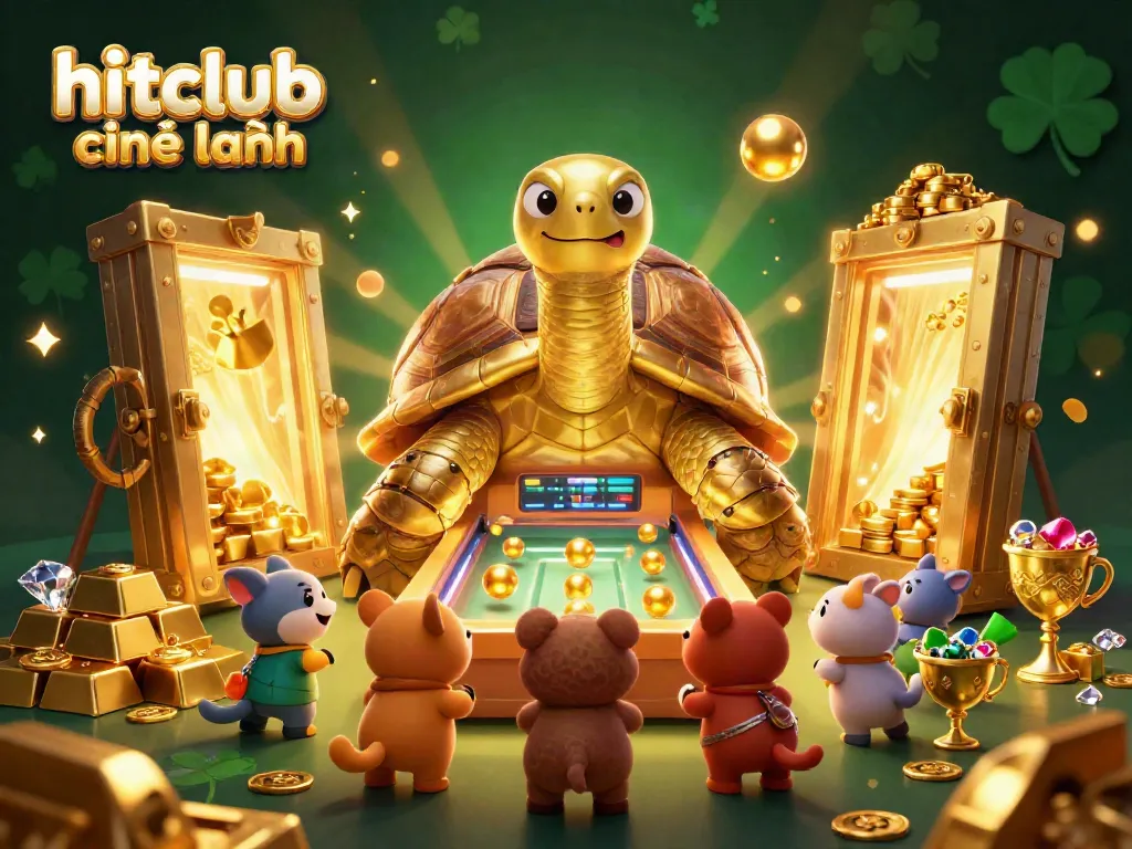 Engaging scene with the colossal tortoise showcasing hitclub chính hãng, surrounded by treasure elements in a lively casino illustration.