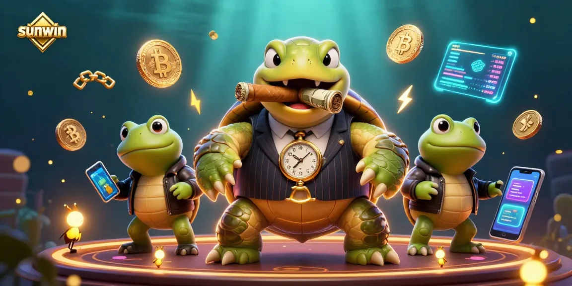 Join the excitement at sunwin with a vibrant casino scene featuring a turtle in a mobster suit.