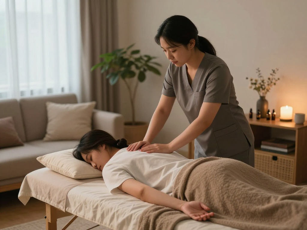 Experience a professional 도봉출장마사지 in a tranquil home setting with soothing ambiance and skilled therapist.