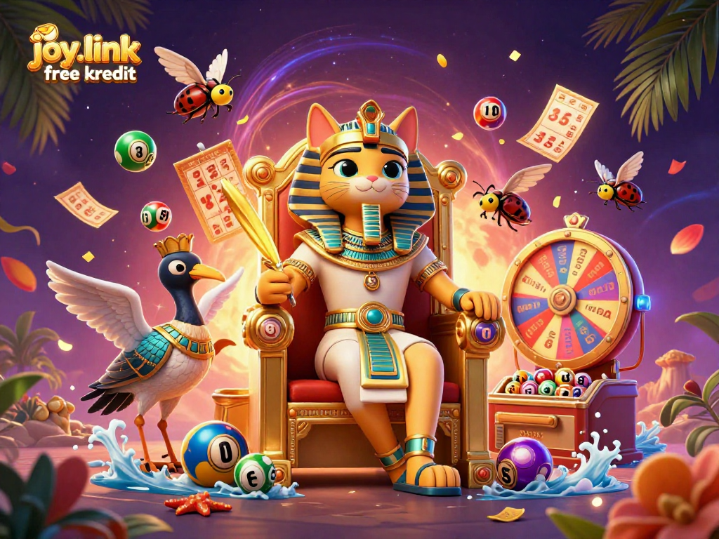 Experience the thrill of joy.link free kredit with vibrant lottery elements and an enchanting pharaoh cat scene.