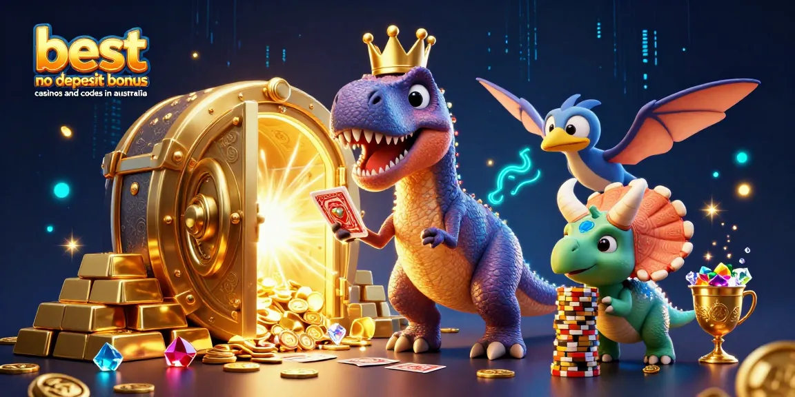 Discover the best no deposit bonus casinos and codes in Australia with a playful T-Rex and friends.