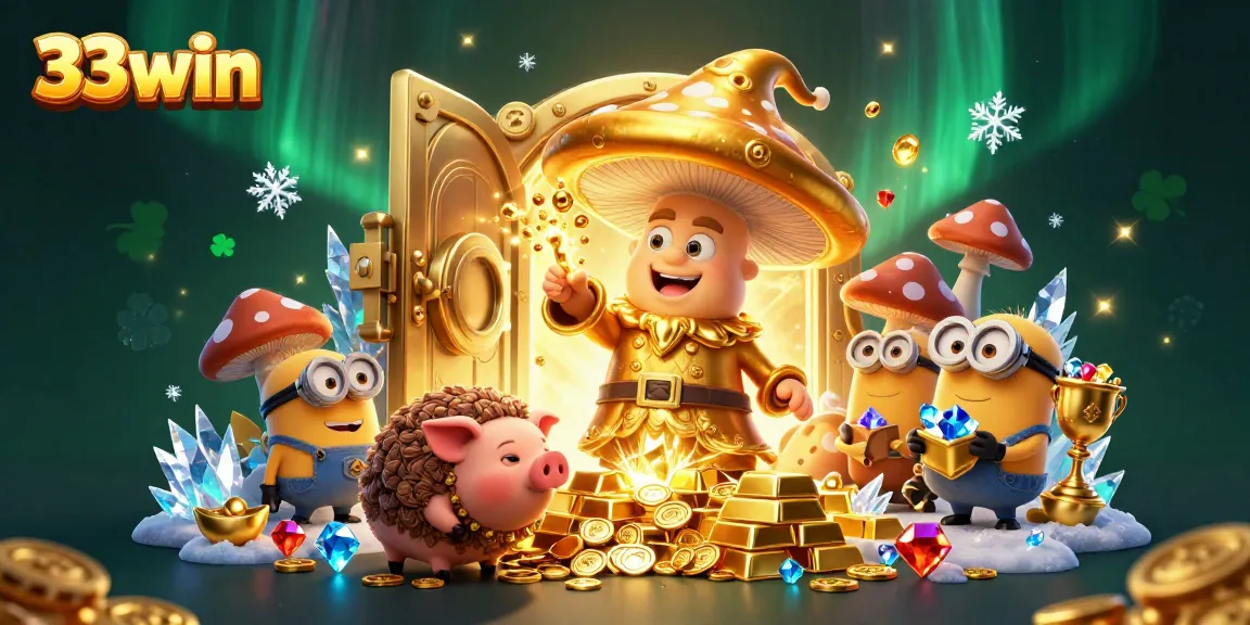 Spin the reels of 33win in a vibrant, crowded casino scene filled with treasures and magic.
